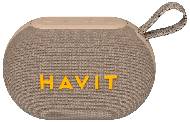 Kompakt, oval bærbar Bluetooth-højttaler i beige stof med gult HAVIT-logo, kontrolknapper på toppen og matchende stofrem til nem transport.