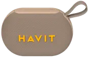 Kompakt, oval bærbar Bluetooth-højttaler i beige stof med gult HAVIT-logo, kontrolknapper på toppen og matchende stofrem til nem transport.