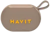 Kompakt sort HAVIT Bluetooth-højttaler med stoftekstur, stort logo, knapper på toppen og flettet bærestrop. Perfekt til musik på farten og udendørs brug.