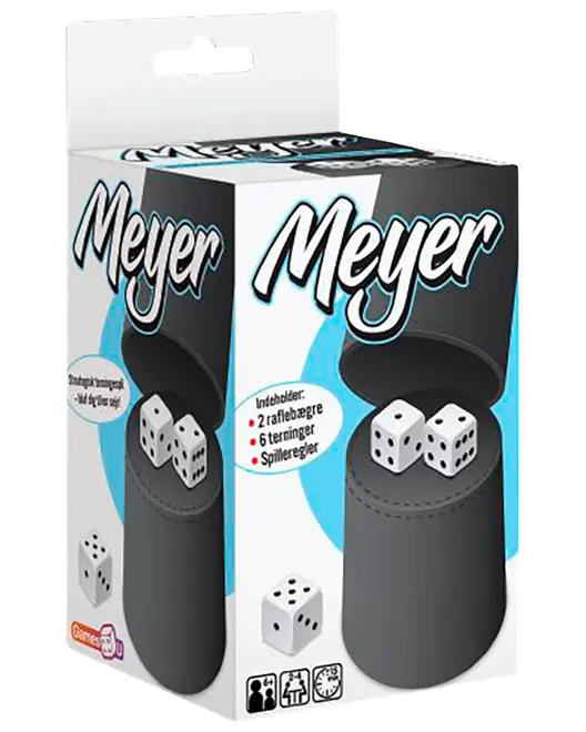 Meyer terningkop-sæt med sort kop, seks terninger, to filtpuder og regler, pakket i en ophængsæske.