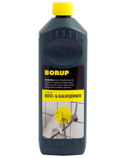 Mørk BORUP-flaske med gul kapsel, mærket stærk rust- og kalkfjerner til badeværelsesoverflader, brusere, armaturer og andre overflader i hjemmet.
