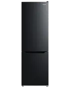 Svart Wasco kylskåp med modern design. Övre kylutrymme och nedre frys. Minimalistiska handtag och slät yta, passar moderna kök.