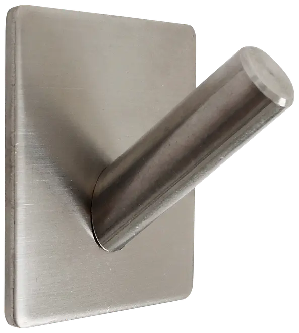 Vægkrog i rustfrit stål med firkantet base og cylindrisk knage, børstet finish, moderne design, ideel til ophæng af håndklæder eller jakker.