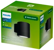 Philips udendørs væglampe, sort, tilsluttes elnettet, vejrbestandig (IP44), pære medfølger ikke. Moderne cylinderdesign. Leveres i grøn emballage.