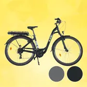 Sort elcykel med lav indstigning, bagagebærer, skærme, forgaffel og opret styr, vist med grå og sort farveprøver.