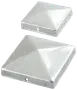 Galvaniserede stålpyramide stolpehætter, firkantede med spids top, passer til hegns- eller terrassepæle for beskyttelse og dekoration. Vises i to størrelser.