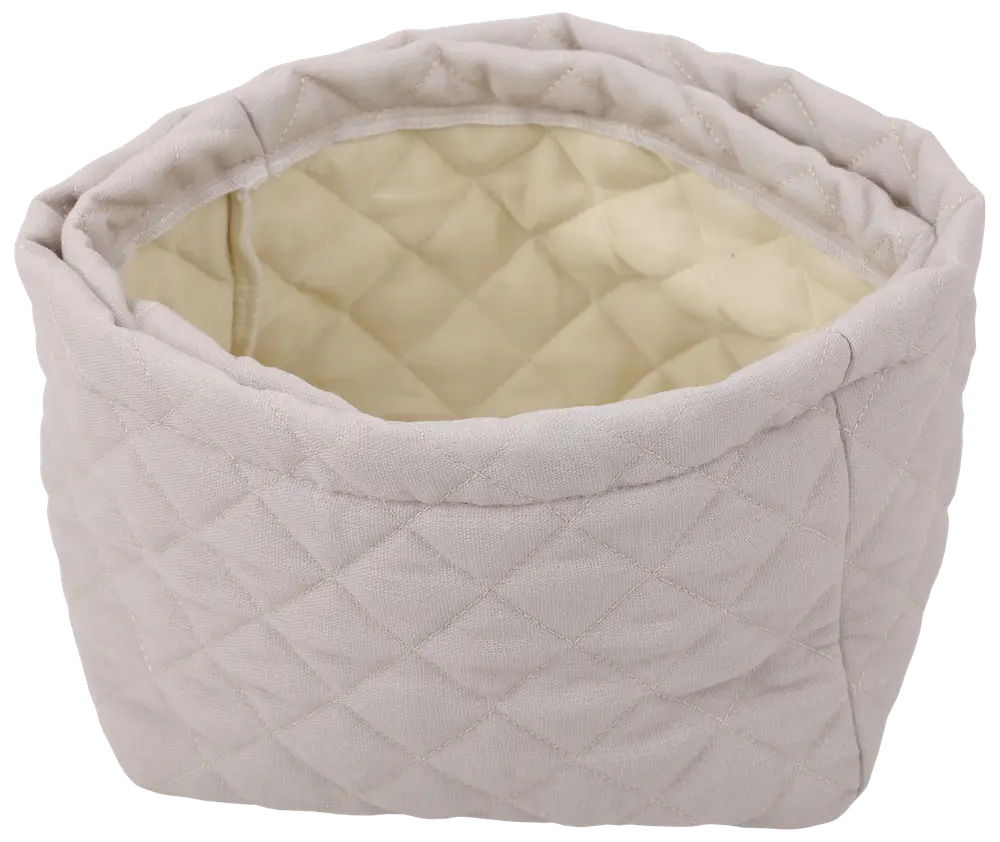 Quiltet stofopbevaringskurv i lysebeige, rund form med bløde sider og diamantmønster. Rummeligt indre, ideel til organisering af husholdningsartikler, legetøj eller vasketøj.
