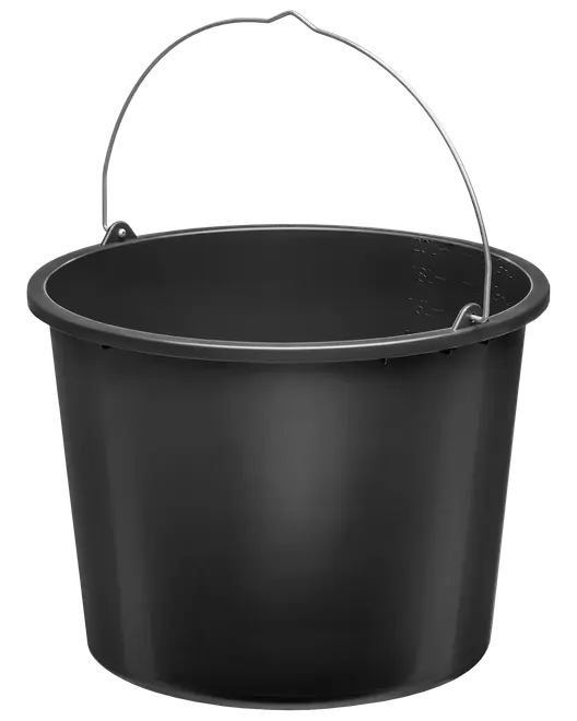 Sort plastikspand med rund form, solidt metalhåndtag og glat overflade. Velegnet til vand, rengøring eller opbevaring. Enkel og funktionel til daglig brug.