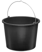 Sort plastikspand med rund form, solidt metalhåndtag og glat overflade. Velegnet til vand, rengøring eller opbevaring. Enkel og funktionel til daglig brug.