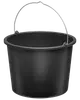 Sort plastikspand med solidt metalhåndtag, rund form, bred åbning og forstærket kant. Velegnet til rengøring, vandtransport eller husholdningsbrug.