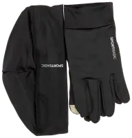 Sort SPORTBASIC-sæt med tætsiddende hue og touchscreen-kompatible handsker i let, elastisk materiale. Velegnet til sport og udendørs aktiviteter. Begge dele har SPORTBASIC-logo.