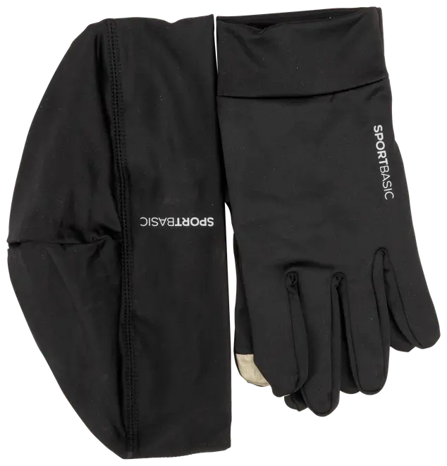 Svart SPORTBASIC-set med åtsittande mössa och touchscreen-kompatibla handskar i lätt, stretchigt material. Båda produkterna har SPORTBASIC-logga.