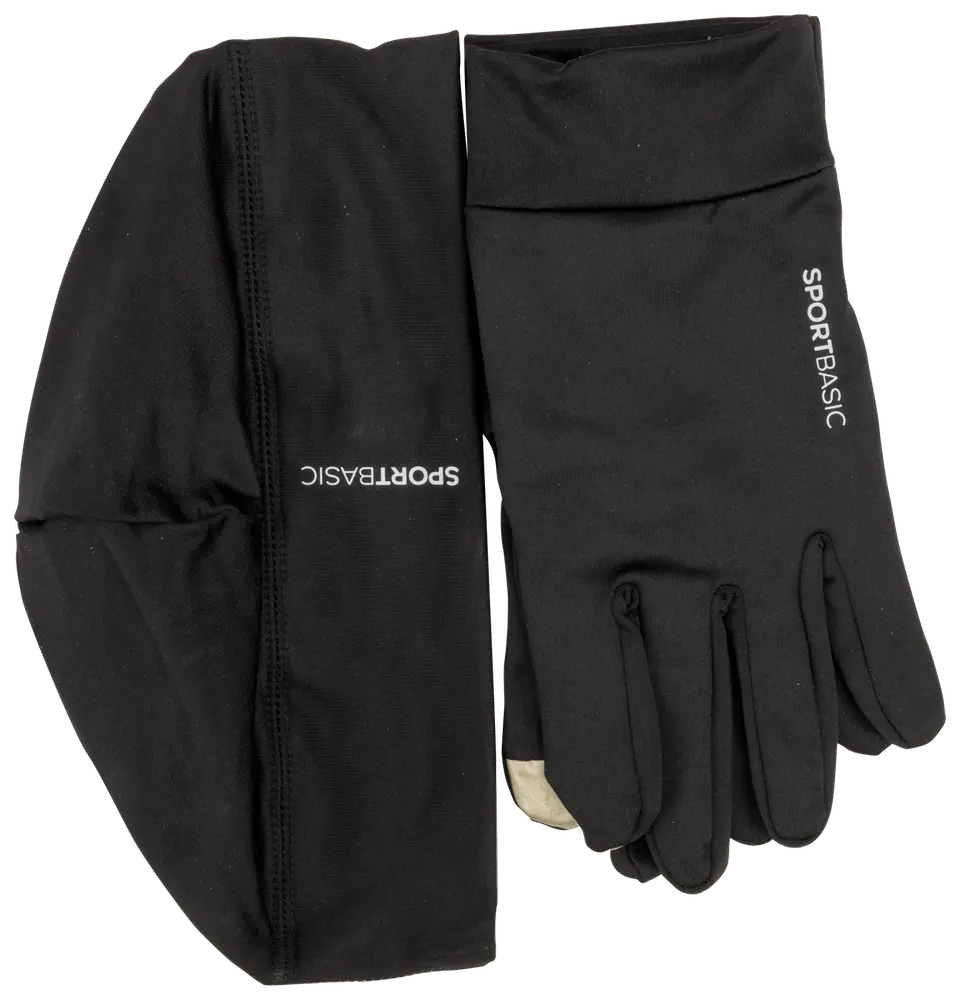 Sort SPORTBASIC-sæt med tætsiddende hue og touchscreen-kompatible handsker i let, elastisk materiale. Velegnet til sport og udendørs aktiviteter. Begge dele har SPORTBASIC-logo.