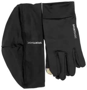 Sort SPORTBASIC-sæt med tætsiddende hue og touchscreen-kompatible handsker i let, elastisk materiale. Velegnet til sport og udendørs aktiviteter. Begge dele har SPORTBASIC-logo.