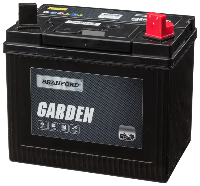 Branford Garden batteri, sort rektangulært design, mærket til haveudstyr som havetraktorer. To terminaler, én rød og én sort, tydelig branding og brugssymboler.