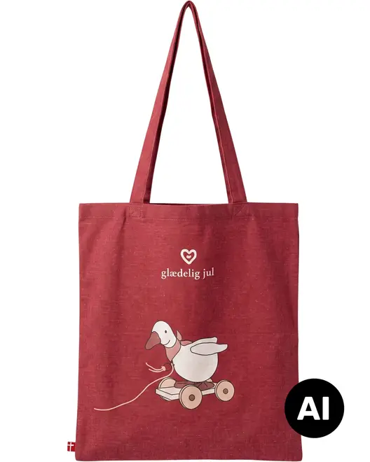 Rød tote bag med lange hanke, juleand-illustration og teksten ‘glædelig jul’. - Billedet er skabt med AI