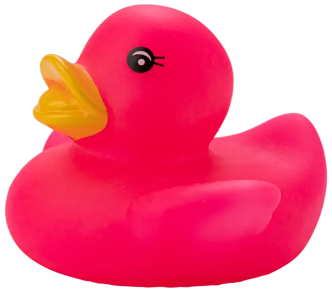 Ljust rosa badanka i gummi med gul näbb och enkel svart ögondetalj.