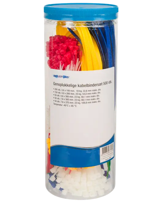 Plastikbøtte med 500 genanvendelige kabelbindere i forskellige farver og størrelser til kabelorganisering. Bøtten har blåt låg og hvid produktetiket.