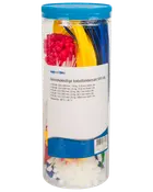 Plastburk med 500 återanvändbara buntband i olika färger och storlekar för kabelhantering. Burken har blått lock och vit produktetikett.