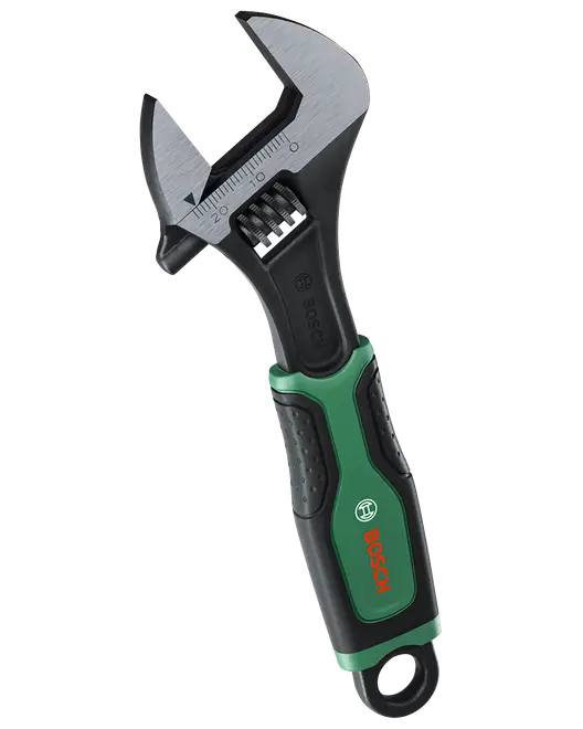 Bosch skiftenøgle med sølvfarvede stålkæber, sort og grønt ergonomisk håndtag samt ophængshul.