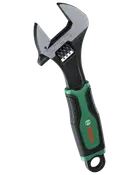 Bosch skiftenøgle med sølvfarvede stålkæber, sort og grønt ergonomisk håndtag samt ophængshul.