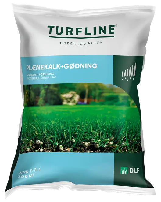 Turfline gräskalk och gödsel för 300 m². Innehåller NPK 11-2-4, motverkar försurning och främjar frisk, grön grästillväxt.