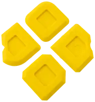 Fyra gula hörnskydd i plast med fyrkantig fördjupning i mitten, utformade för att skydda möbelhörn mot stötar och repor.