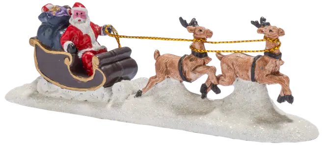 Julemanden i kane trukket af to rensdyr på en snedækket base med gavesæk og gyldent seletøj, festlig julefigur.