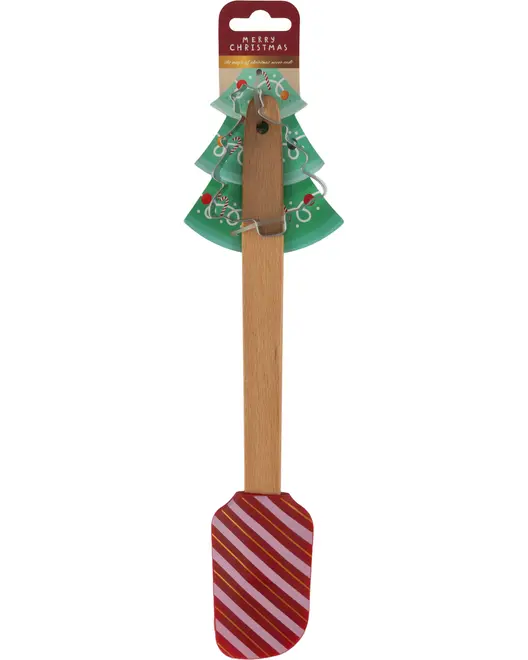 Silikonespatel med træhåndtag, dekoreret med røde og hvide diagonale striber. Leveres med et juletræsformet mærke, perfekt til julebagning.