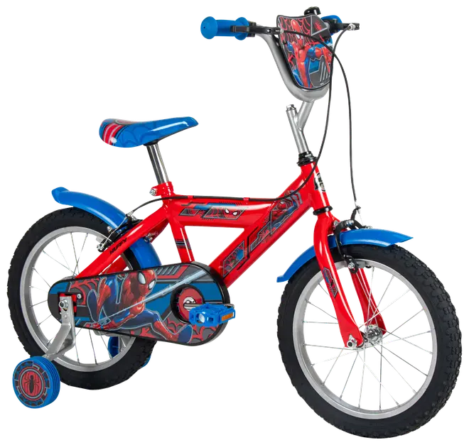 Rød og blå Spider-Man børnecykel med støttehjul, skærme for og bag, polstret styr og matchende kædeskærm.