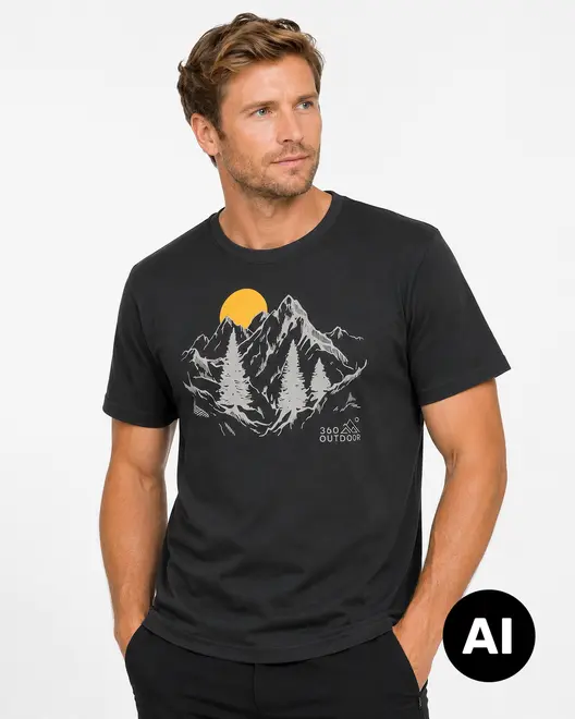 Sort kortærmet T-shirt med rund hals, bjerg- og solopgangsprint samt lille 360 Outdoor-logo på brystet. - Billedet er skabt med AI