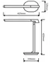 Skrivebordslampe med slankt, moderne design. Mål: 423 mm højde, 423 mm arm, 129 mm lampehoved, 174 mm fod. Minimalistisk stil, velegnet til arbejdspladser.