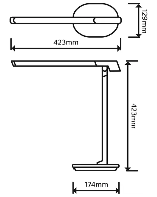 Skrivebordslampe med slankt, moderne design. Mål: 423 mm højde, 423 mm arm, 129 mm lampehoved, 174 mm fod. Minimalistisk stil, velegnet til arbejdspladser.