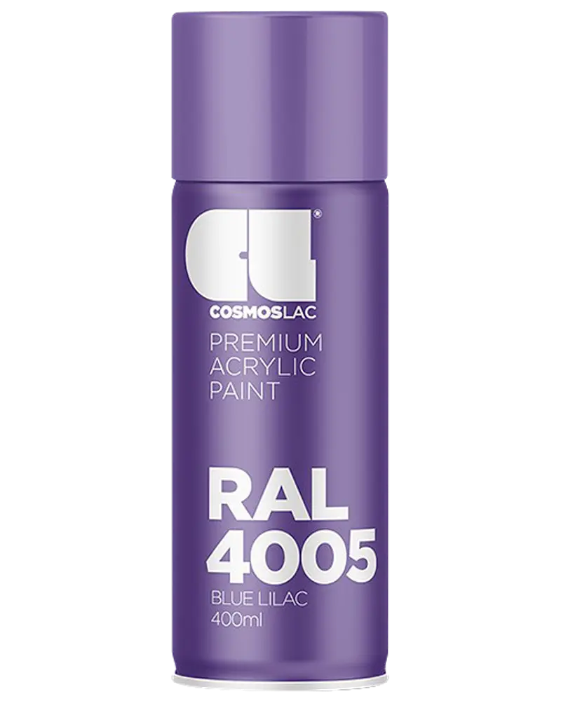 400 ml spraydåse med Cosmoslac premium akrylmaling i RAL 4005 Blue Lilac, lilla låg og etiket med hvid tekst, velegnet til forskellige overflader.