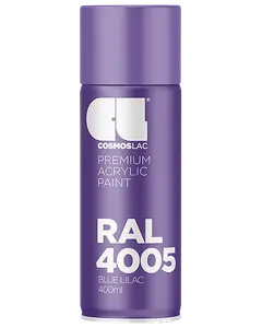 400 ml spraydåse med Cosmoslac premium akrylmaling i RAL 4005 Blue Lilac, lilla låg og etiket med hvid tekst, velegnet til forskellige overflader.