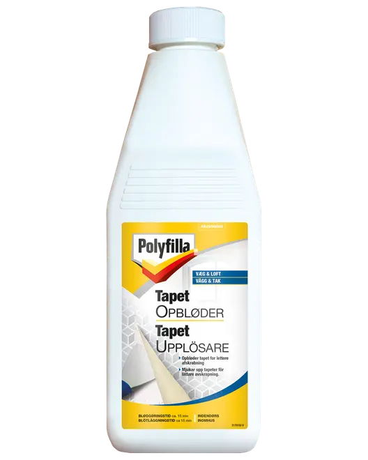 Polyfilla Tapet Opbløder i hvid plastflaske med skruelåg, til nem tapetfjernelse. Egnet til vægge og lofter, med vejledning på flere sprog på etiketten.