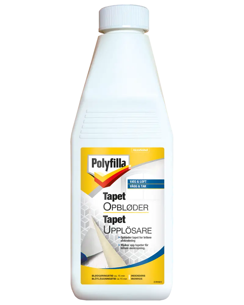 Polyfilla Tapet Opbløder i hvid plastflaske med skruelåg, til nem tapetfjernelse. Egnet til vægge og lofter, med vejledning på flere sprog på etiketten.
