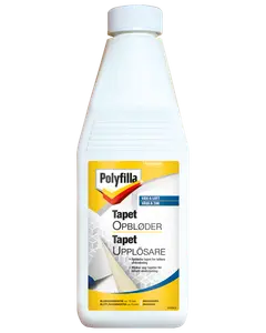 Polyfilla Tapet Opbløder i hvid plastflaske med skruelåg, til nem tapetfjernelse. Egnet til vægge og lofter, med vejledning på flere sprog på etiketten.