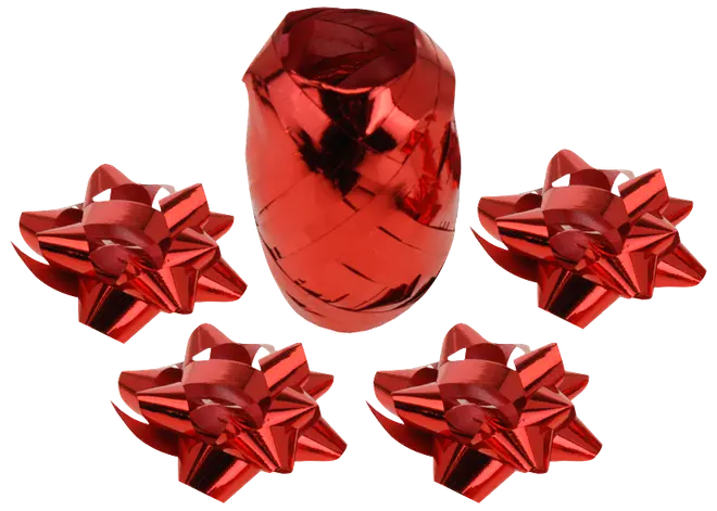 Set med fyra blanka röda presentrosetter och ett matchande rött krullband, perfekt för att dekorera och slå in presenter festligt.