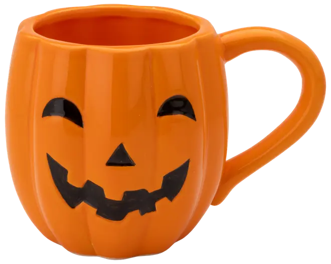 Orange keramikmugg formad som en pumpa med ett jack-o'-lantern-ansikte, stort handtag och blank yta. Perfekt för Halloween-drycker eller dekoration.