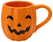 Orange keramikmugg formad som en pumpa med ett jack-o'-lantern-ansikte, stort handtag och blank yta. Perfekt för Halloween-drycker eller dekoration.