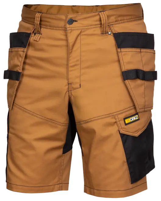 Brune arbejdsshorts med sorte forstærkede lommer, flere værktøjsstropper og slidstærke syninger. Har bæltestropper, knaplukning og WORKZ-logo på højre lomme.