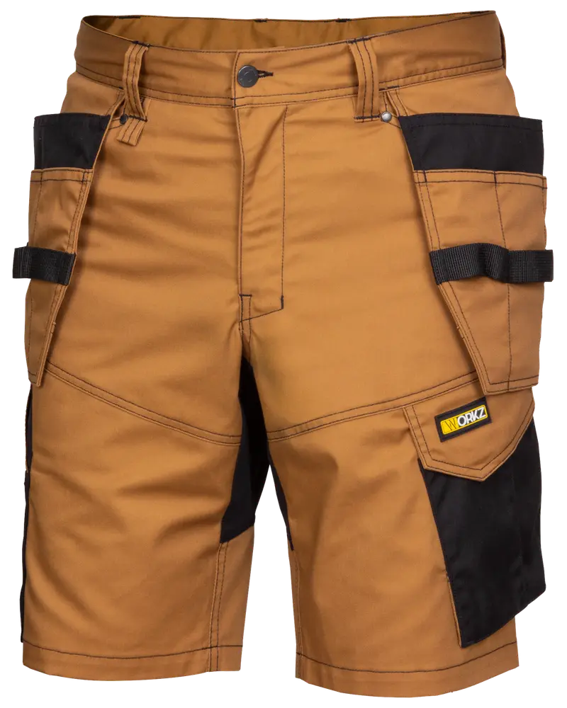 Brune arbejdsshorts med sorte forstærkede lommer, flere værktøjsstropper og slidstærke syninger. Har bæltestropper, knaplukning og WORKZ-logo på højre lomme.