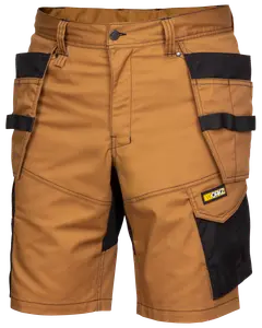 Brune arbejdsshorts med sorte forstærkede lommer, flere værktøjsstropper og slidstærke syninger. Har bæltestropper, knaplukning og WORKZ-logo på højre lomme.