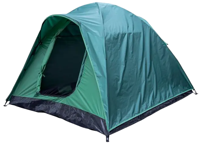 Grönt kupoltält för camping med dragkedja vid ingången, vattentätt tyg och stabil ram. Rymmer två personer, perfekt för utomhusäventyr och lätt att montera.