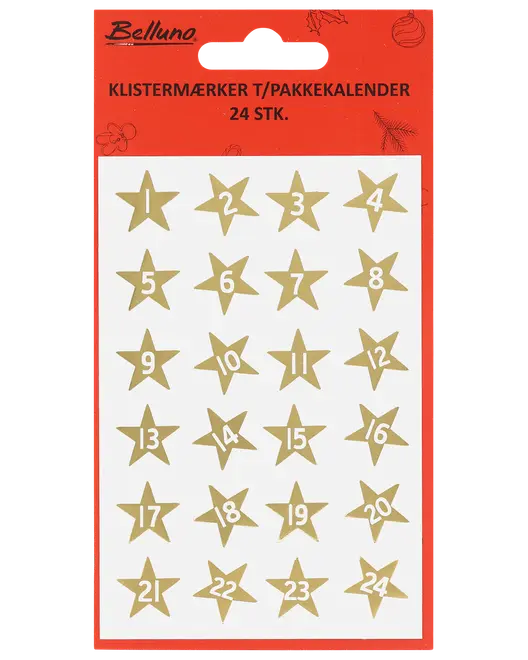 Ark med 24 guldstjärneklistermärken, numrerade 1 till 24, för advents- eller paketkalender. Levereras på röd bakgrund.