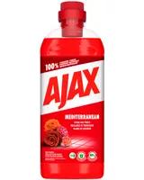 Ajax Mediterranean gulvrens, 1-liters rød flaske, med duft af røde blomster, lover 100% rengøring, glans og friskhed, egnet til flere overflader, miljøvenlig formel.