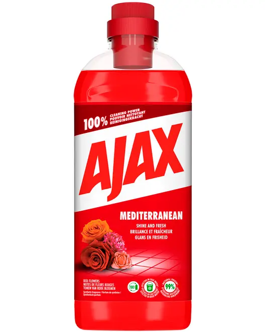Ajax Mediterranean gulvrens, 1-liters rød flaske, med duft af røde blomster, lover 100% rengøring, glans og friskhed, egnet til flere overflader, miljøvenlig formel.