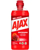Ajax Mediterranean gulvrens, 1-liters rød flaske, med duft af røde blomster, lover 100% rengøring, glans og friskhed, egnet til flere overflader, miljøvenlig formel.