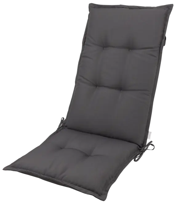 Mørkegrå, tykt polstret stolehynde med knapdetaljer, designet til højryggede stole. Blødt stof, rektangulær form, giver ekstra komfort og støtte til indendørs eller udendørs brug.